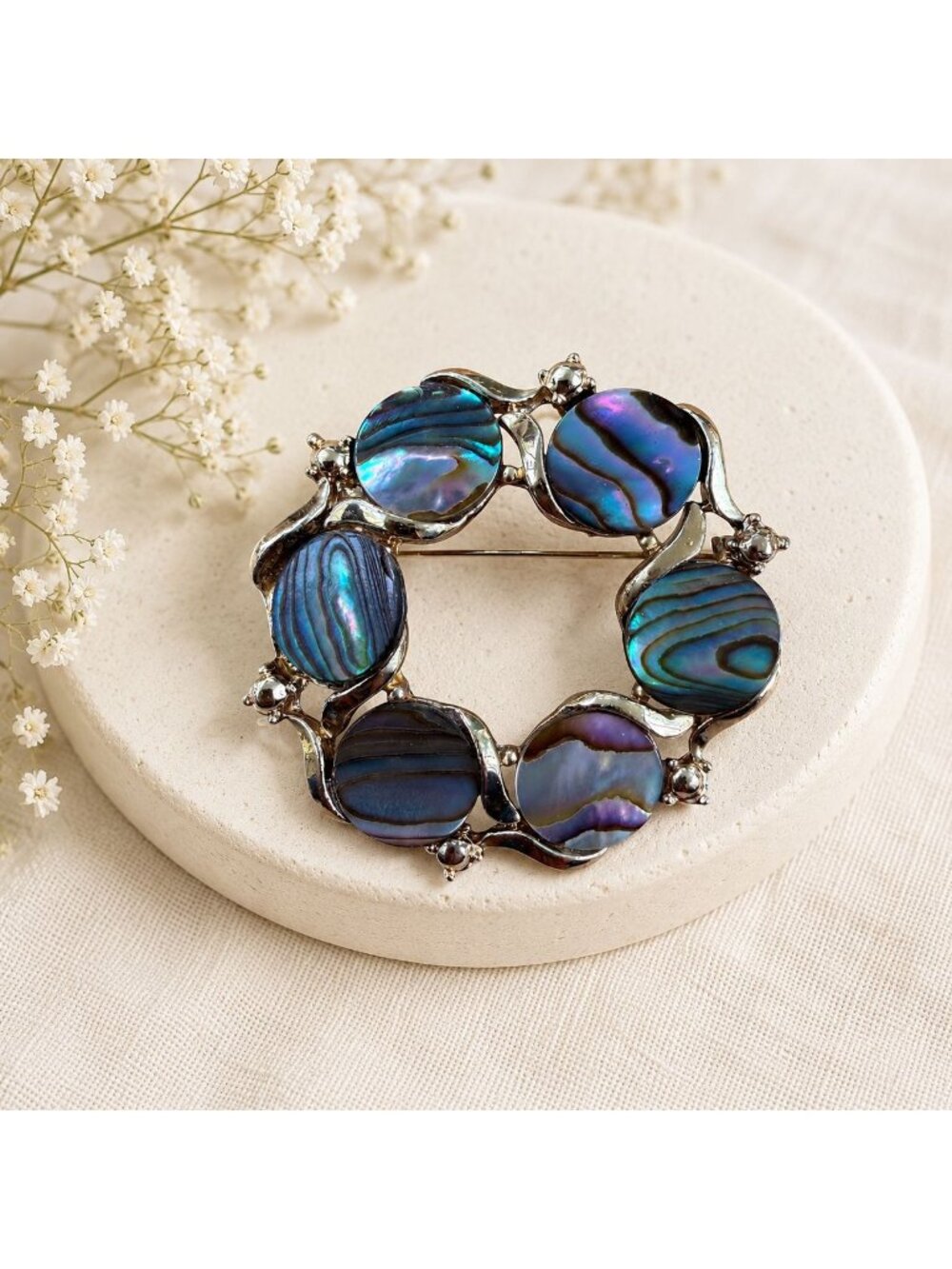 Vintage Abalone Shell Circle Brooch Silver Tone Wreath Pin Paua Statement Jewelr